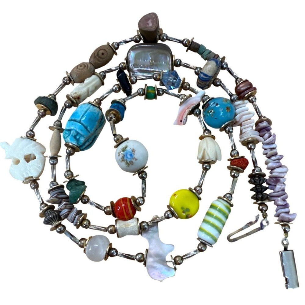 Unique‎ Handmade Beaded Necklace With Multicolor Ceramic & Stone Beads Scarab